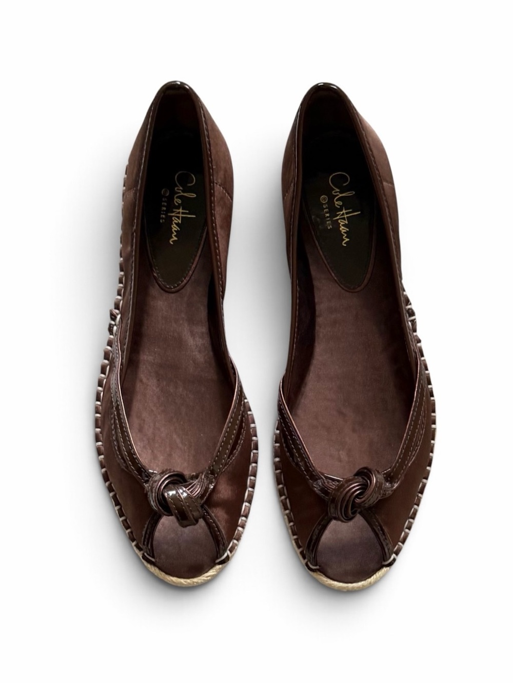 Cole Haan G Series Brown Satin Peep Toe Espadrille Sabella Flats Size 7.5 w/Box